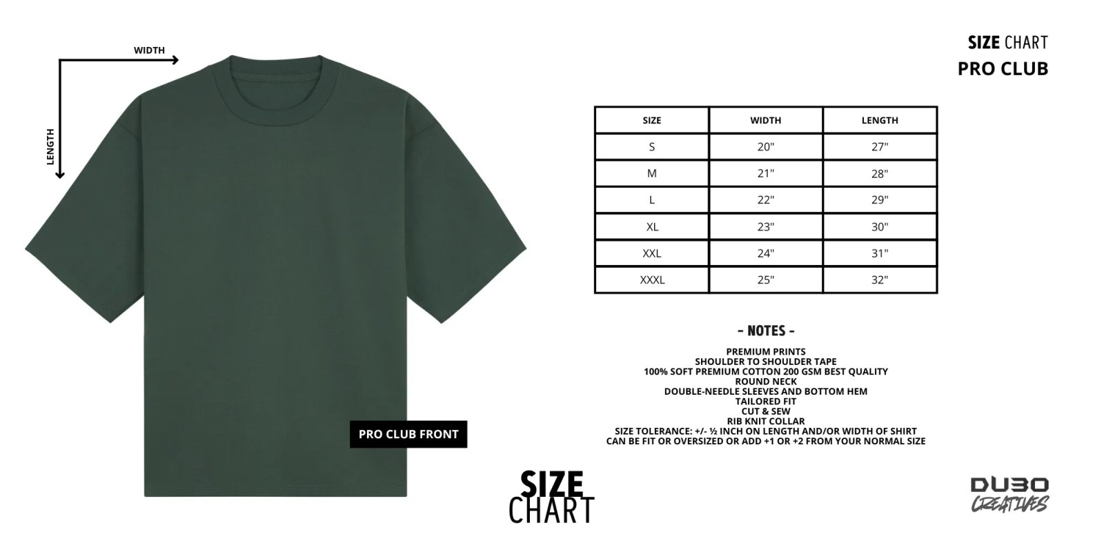 Size chart, pro club