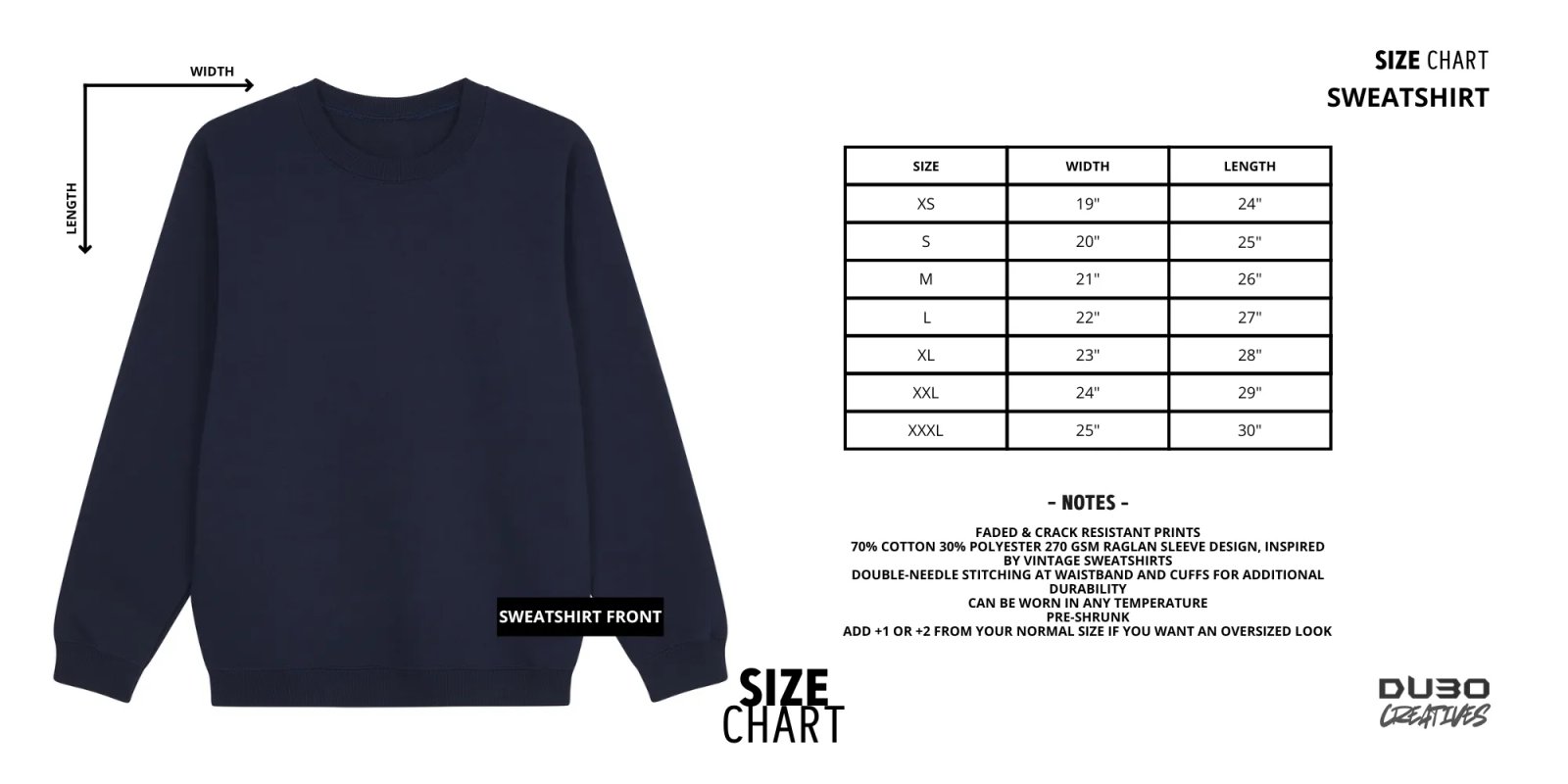 Size chart, sweatshirt