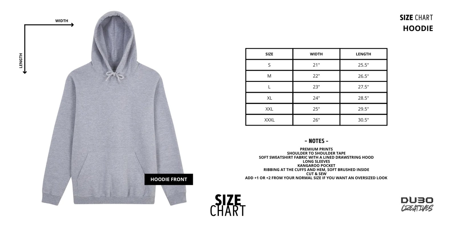 Size chart, hoodie